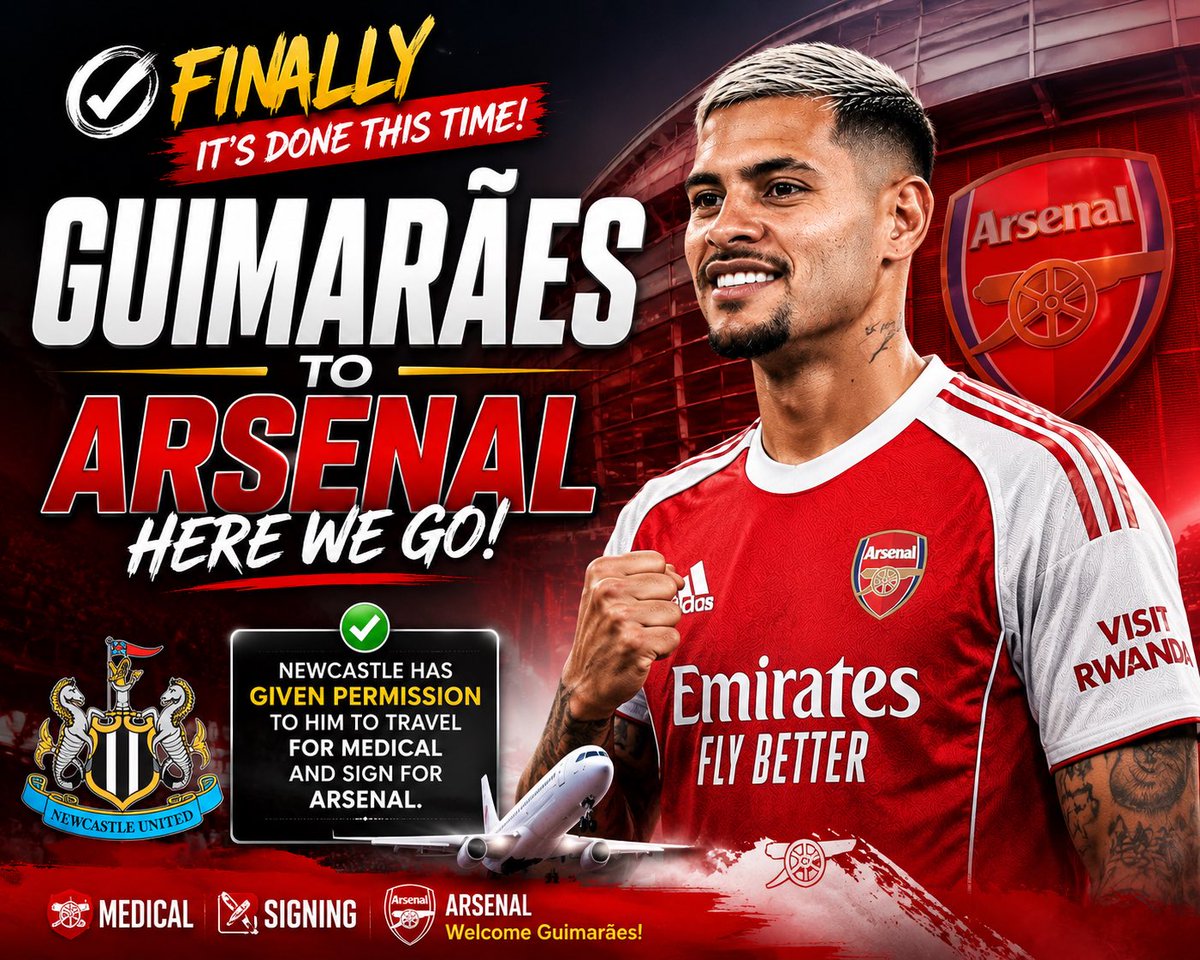 Touchlineinsigh's tweet photo. FINALLY: Arsenal have agreed a £75m fee with Newcastle for their captain Bruno Guimaraes.

The midfielder has been given permission to travel for a medical 🚨 https://t.co/BiP3CxeKLm