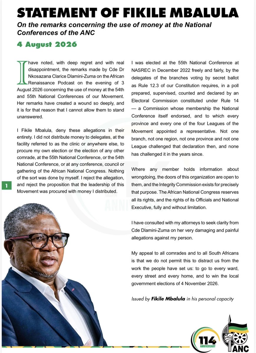 MbalulaFikile's tweet photo. STATEMENT ON THE REMARKS MADE BY CDE DR NKOSAZANA CLARICE DLAMINI-ZUMA. https://t.co/vym6a0OAi1
