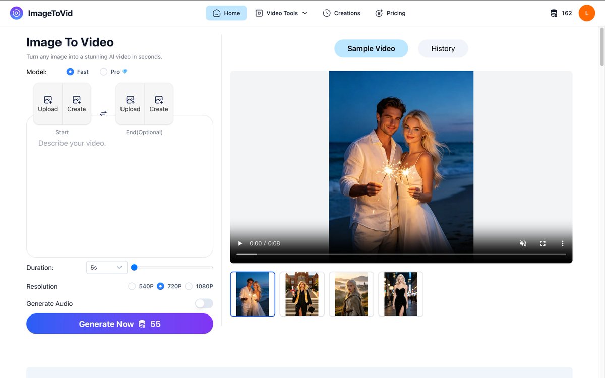 IthyYf's tweet photo. Just found a great AI tool for bringing static images to life: ImageToVid.
Upload an image, describe the motion, mood, or camera movement you want, and generate an AI video in seconds.  100 free credits for new users.
https://t.co/W8yMkaY6Hv
#AIVideo #AIGC #ImageToVideo https://t.co/IZ0vNNC9i4