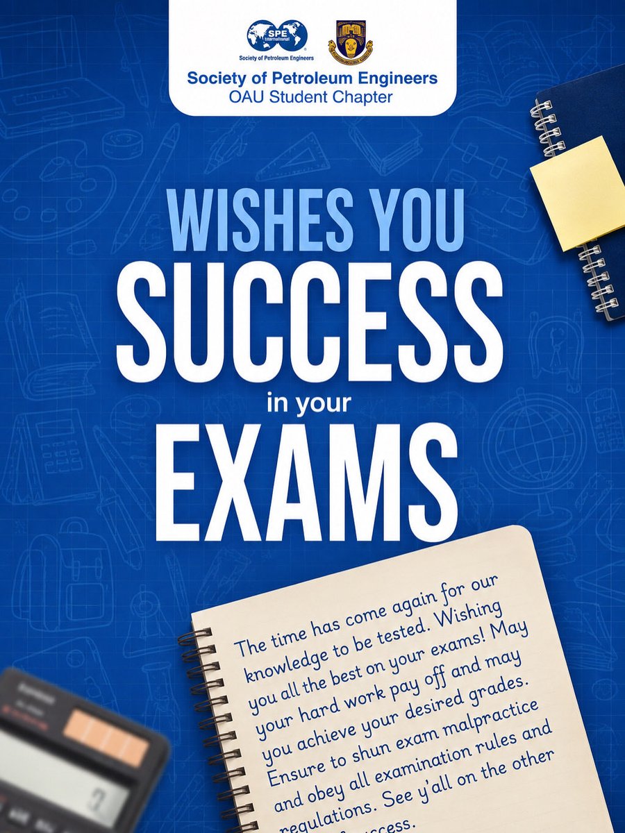 spe_oau's tweet photo. Wishing You Success in Your Examinations! 📚✨

As you prepare for your exams, SPE OAU wishes you clarity, confidence, and outstanding success.

This is your time to maximize your productivity, step out of your comfort zone, and unleash the engineering spirit within you✊. https://t.co/ZPiBlSyPRG