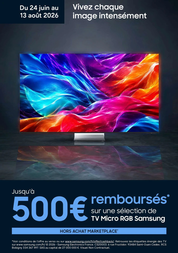 Avcesar's tweet photo. Offre de remboursement TV Samsung Micro RGB, jusqu'à 500 € remboursés #homecinema #cinema #bonsplans #odr #soldes #promo #samsungtmr55r85h @SamsungFR @SamsungNewsroom @SamsungTV https://t.co/q26wWcbk9K https://t.co/lo3U8VlxxF