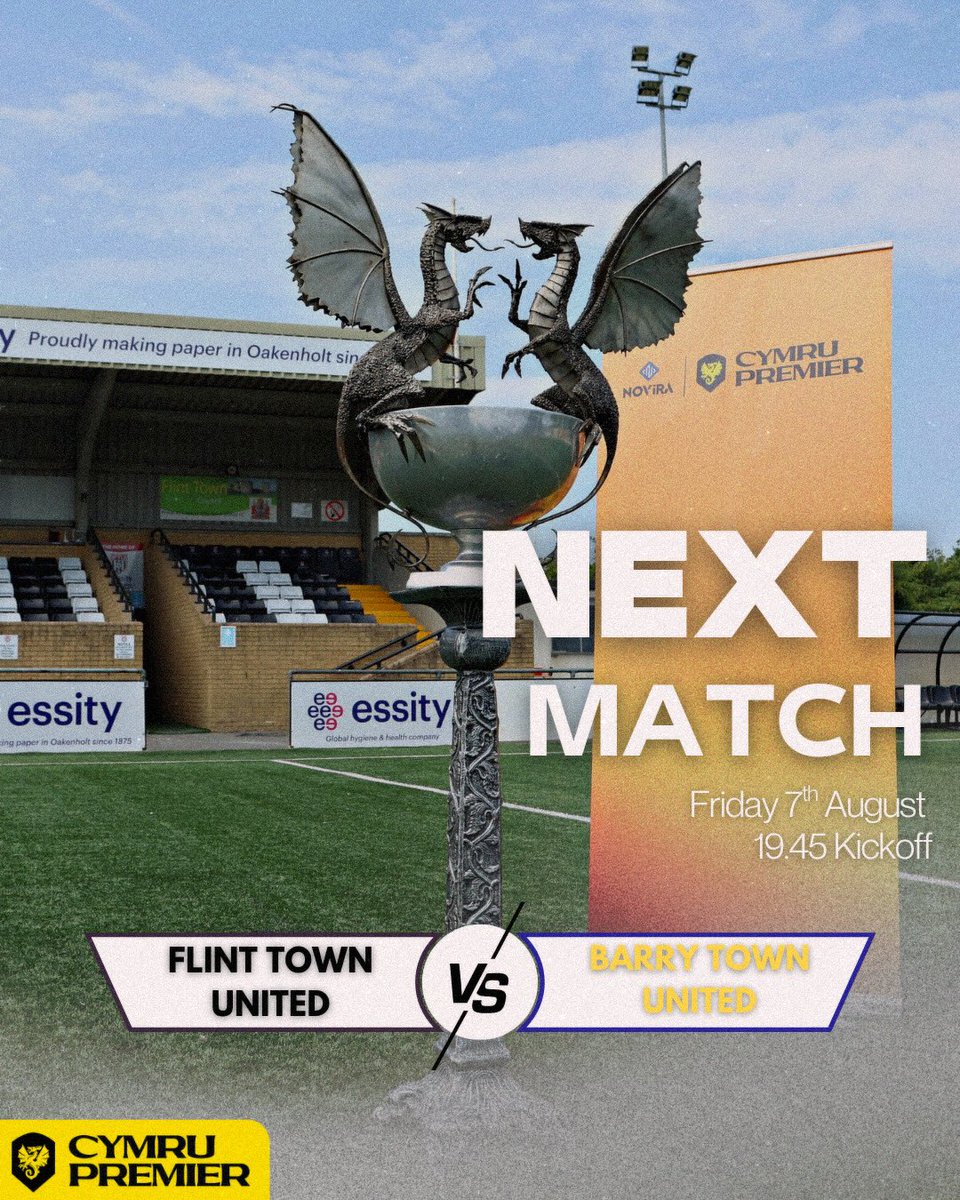 FlintTownFC's tweet photo. 𝗠𝗔𝗧𝗖𝗛𝗗𝗔𝗬 𝟮

━━━━━━━━━━━━

𝗔𝗧 𝗧𝗛𝗘 𝗘𝗦𝗦𝗜𝗧𝗬

We return home on Friday night as we face @BarryTownUnited at The #Essity

Tickets available to purchase on our website &amp; Fanbase https://t.co/6gVDL3NYxt