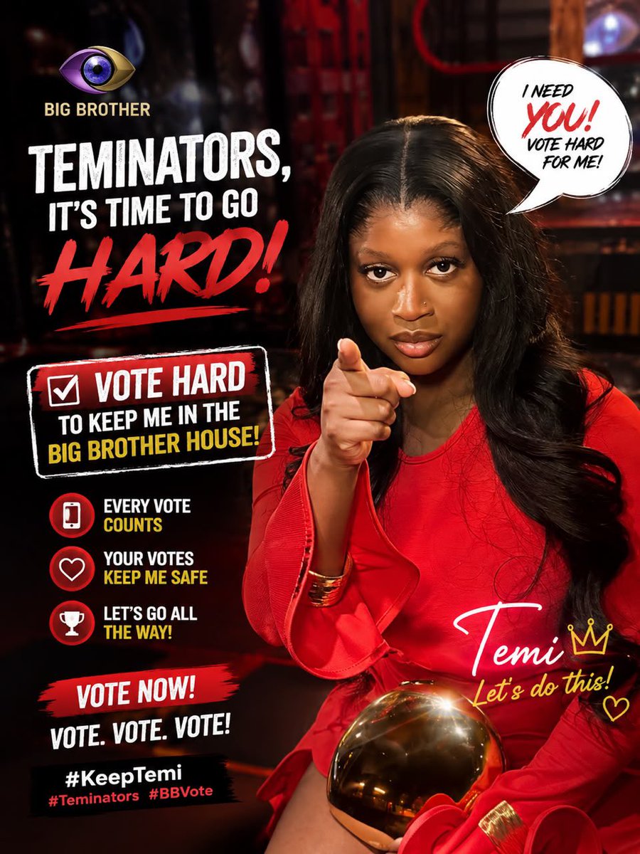 GloryloveA's tweet photo. TEMINATORS!!! 🚨
She’s calling on YOU 🫵🏾
No excuses, no breaks,it’s VOTING MODE till the end! 
Let’s secure Temi’s place in that house and show them our power! 
VOTE HARD. VOTE SMART. VOTE NON-STOP!!! 🗳️🔥
#KeepTemi 
#VoteTemi 
#Teminators 
#BBNAIJA https://t.co/vxwYKhHEww