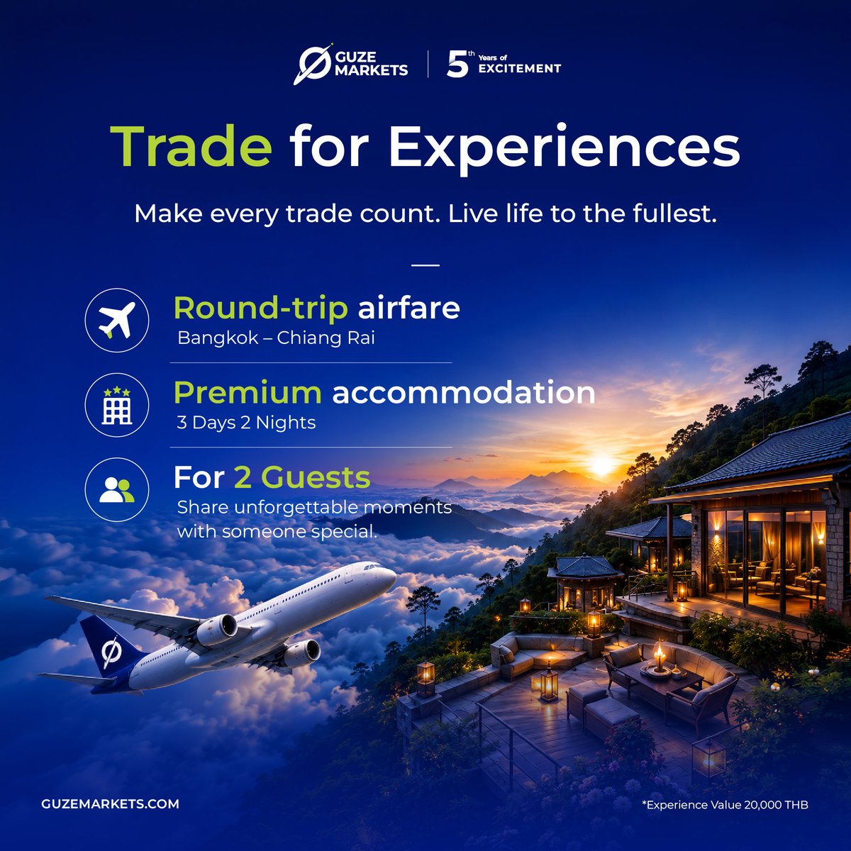 GuzeMarkets's tweet photo. ✈️ Trade for Experiences 💙
Turn every trade into an unforgettable experience. 

Win round-trip flights, a premium stay, and an exclusive getaway for two. 

Because every trade should be worth more than just returns.

#GUZEMarkets #TradeForExperiences #5Years #LifestyleRewards https://t.co/BvGmlXus02