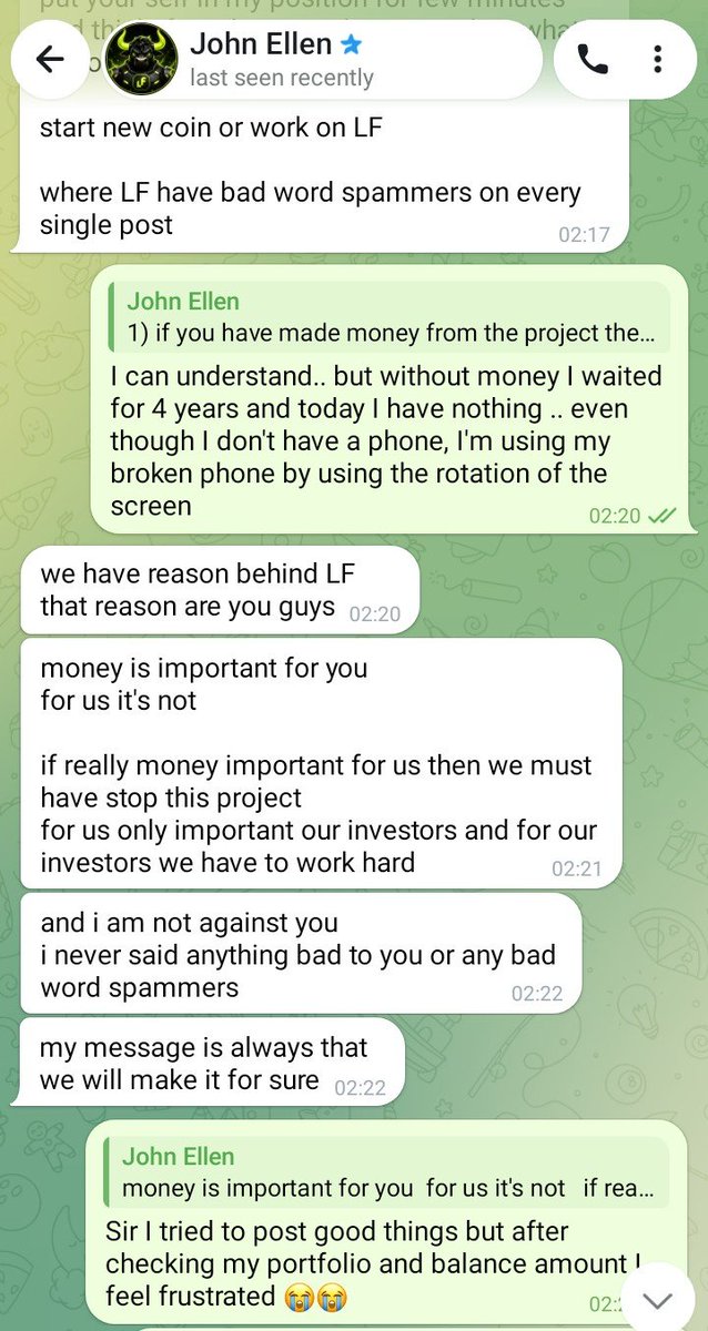 MoonbixWorld's tweet photo. One of my followers & holders of $LF since 2021 just sent me this screenshot…

He begged me not to post anything bad about the $LF token.

This is his private chat with CEO John Ellen (@LovelyLegends_)

Now you decide…

Who really has $LF’s best interest at heart?

Who still believes this team will deliver?

@LFLabsToken @LFWallet @John_LFLabs #LFLabs #LovelyLegends