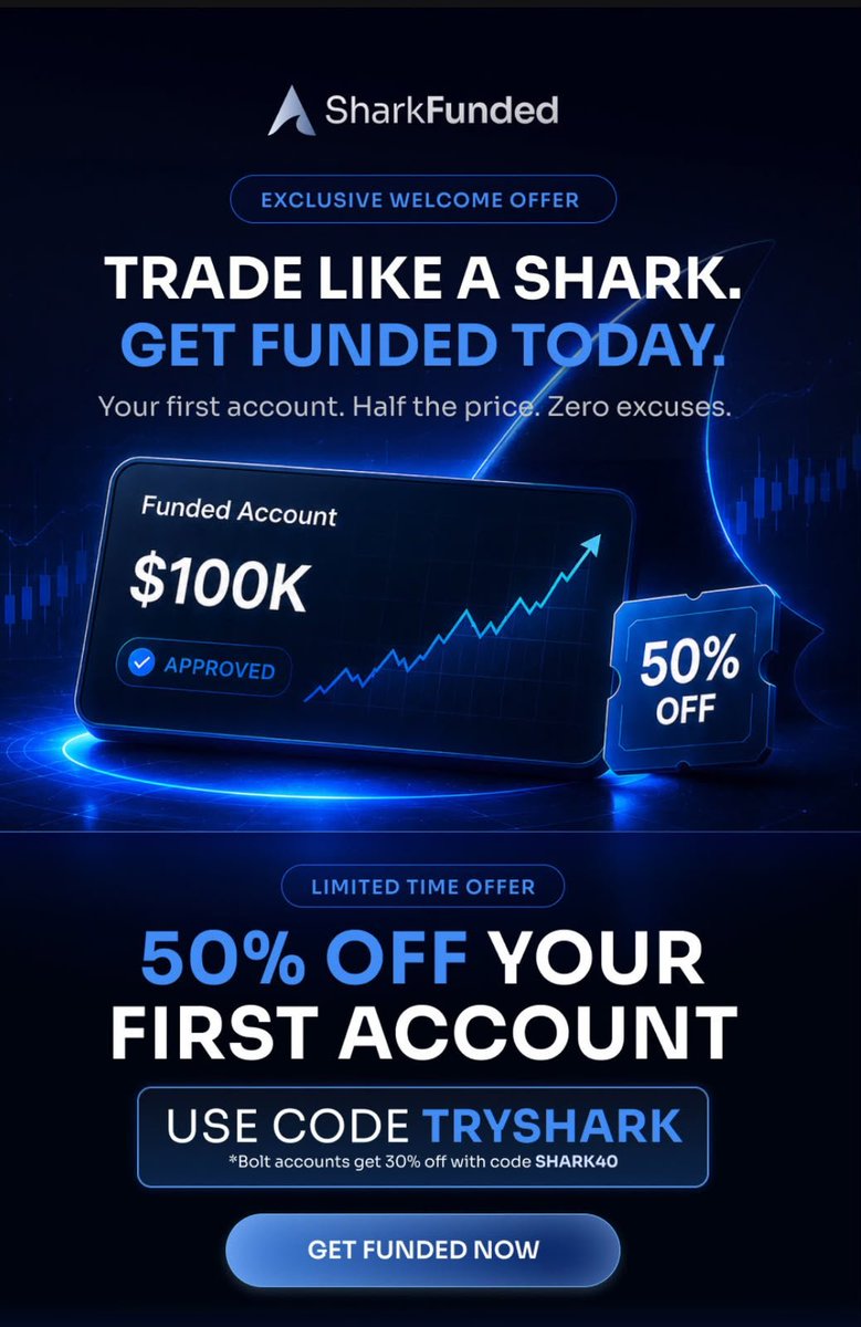 SharkFundedfirm's tweet photo. Your first funded account is now 50% OFF 🚨

If you’ve been waiting for the right opportunity to start trading with funded capital, this is the moment.

Get 50% OFF your first SharkFunded account with code TRYSHARK.

Trading the Bolt Challenge? Use code SHARK40 to get 30% OFF.

Less waiting. More trading. More opportunities to earn.

Offer available for a limited time. Secure your account before it ends.