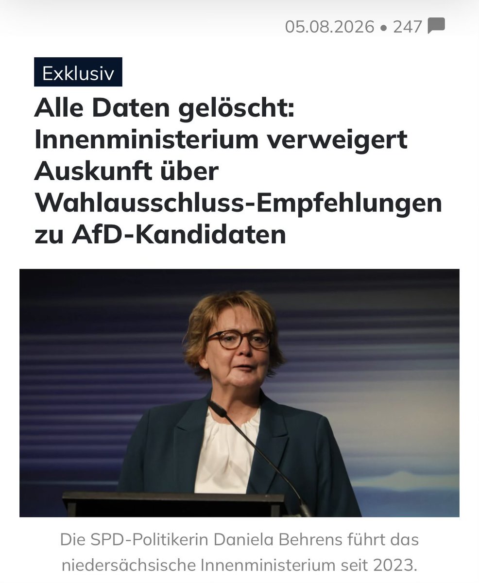 queru_lant's tweet photo. Die Schlinge um die diktatorische SPD-Innenministerin Daniela Behrens zieht sich langsam zu. Die linke Antidemokratin hat vorsorglich alle Daten löschen lassen.

Soeben hat Martin Sichert, Bundestagsabgeordneter der AfD bekanntgegeben, dass er gegen seinen Ausschluss von der Landratswahl in Friesland gerichtlich vorgeht. Mit einem Eilantrag beim Verwaltungsgericht Oldenburg beantragt er seine vorläufige Zulassung zur Wahl.