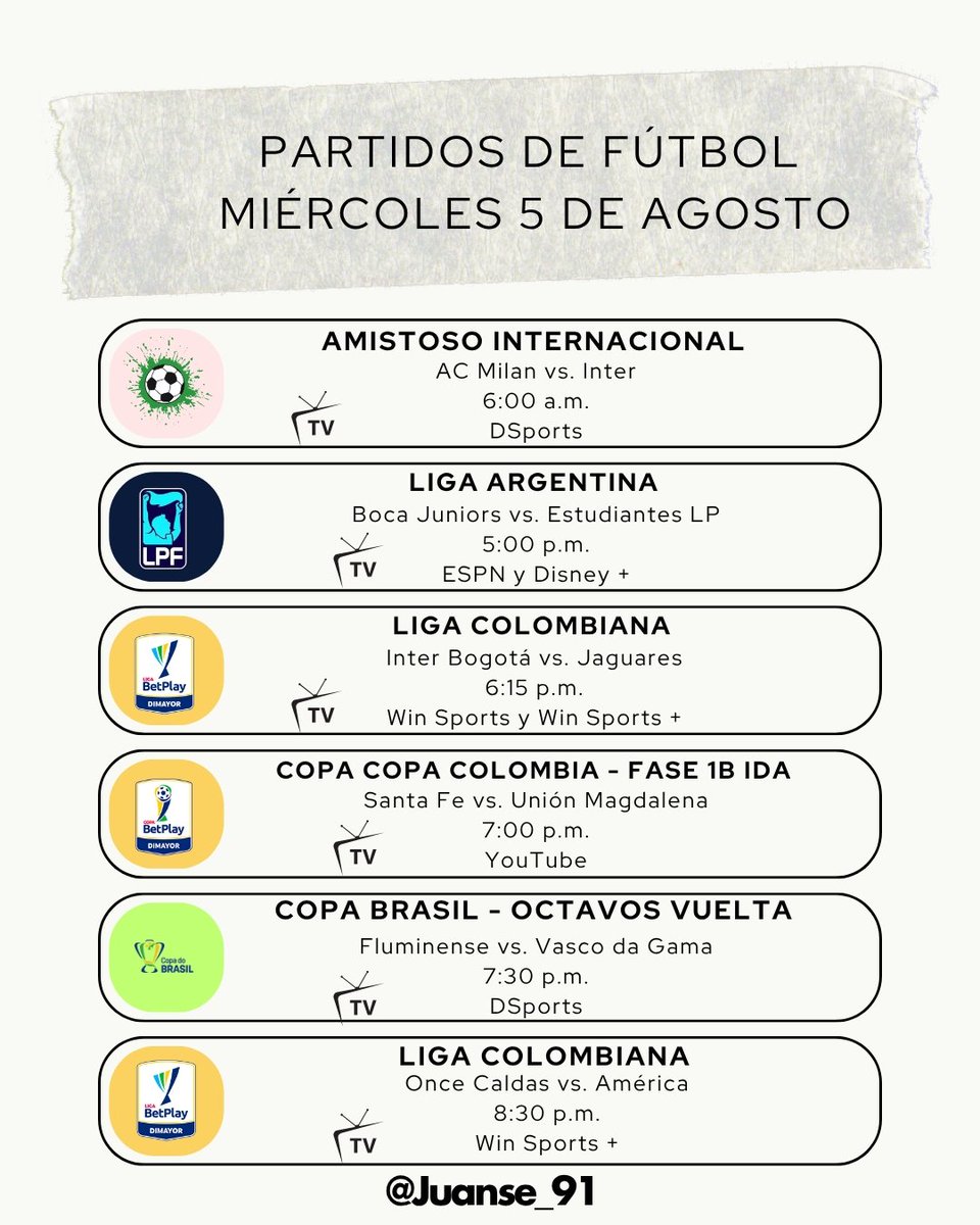 juanse_91's tweet photo. #FelizMiércoles
Hay #DerbydellaMadonnina 🇮🇹
#BocaJrs 🇦🇷 y #EstudiantesLP 🇦🇷 se miden en partidazo.
#SantaFe 🦁 recibe a #UniónMagdalena 🌪️ en #CopaBetplay 🇨🇴
#Fluminense 🇧🇷 🆚 #VascoDaGama 🇧🇷 en #CopaBrasil 🇧🇷
Partidazo entre #OnceCaldas ⚪️⚪️ y #América 👹 https://t.co/LqUH0jEBWE