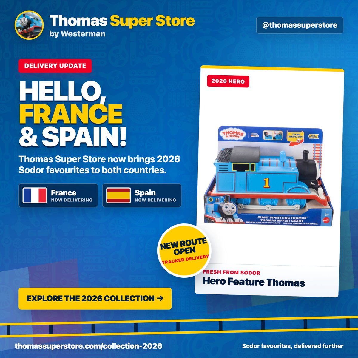 thomassuper02's tweet photo. France and Spain, Sodor is coming your way! 🇫🇷🇪🇸

From the latest 2026 releases to much-loved engines and collectable favourites, your next piece of Sodor can now travel straight from our specialist store to your door!

Explore the 2026 collection:
https://t.co/hWXFEhsLYd https://t.co/eBev1thd01