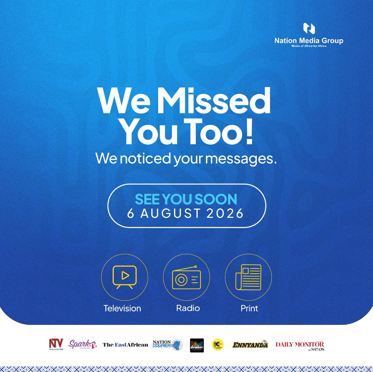DanielKibet_'s tweet photo. 🚨 OFFICIAL 

Tomorrow, 6 August, NMG Uganda returns — louder &amp; clearer. 

📺  @ntvuganda &amp; @sparktvuganda
back on your screens.

 📻  @933kfm &amp; @DembeFm back on your frequencies.

📰  @DailyMonitor back on the stands.

Media of Africa, for Africa. https://t.co/ck7GLTOVLt