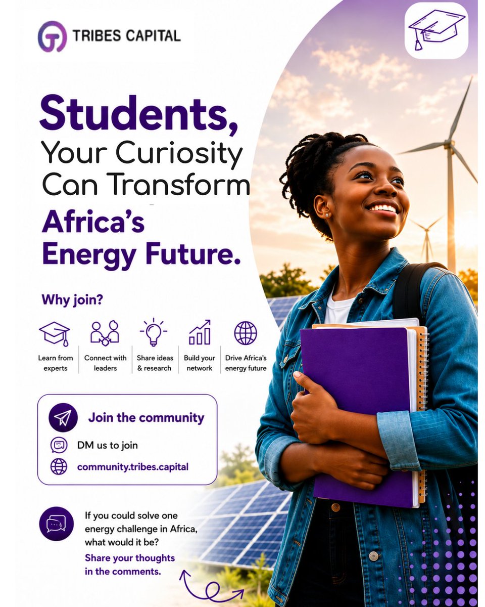 tribescapital's tweet photo. 🎓Calling all students!
Passionate about clean energy, climate, or innovation?

Let's collaborate! Join the Tribes Capital Community to learn, share your ideas and contribute to Africa's energy future.

💬Comment "STUDENT" or send us a DM.

https://t.co/5JS4pzxeEa

#TribesCapital https://t.co/H8nJXc4k9E