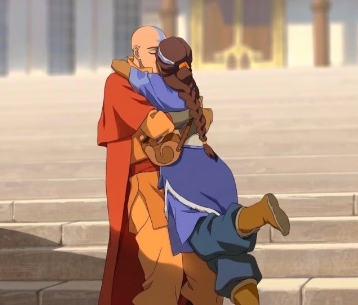 SymplyTonbra's tweet photo. Idk what’s cuter, the fact Aang has to bend his knees for her to reach him or the fact she’s popping her foot like that lol they’re so cute https://t.co/8xoPX0Ai0S