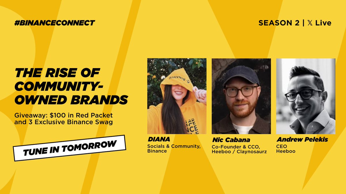 dianabinance's tweet photo. What does it really take to build a brand people love?

With support from @AndrewAsksHow, I'm joined by @Cabanimation and @AndrewsaurP on #BinanceConnect to talk about community ownership, AI and building brands that last.

🪂 Binance swag giveaway:
1. drop your question for my guests in the comments
2. add a screenshot showing my profile notifications are ON

💸 $100 in Binance Red Packets up for grabs LIVE.

See you tomorrow on X Live at 11:00 UTC!