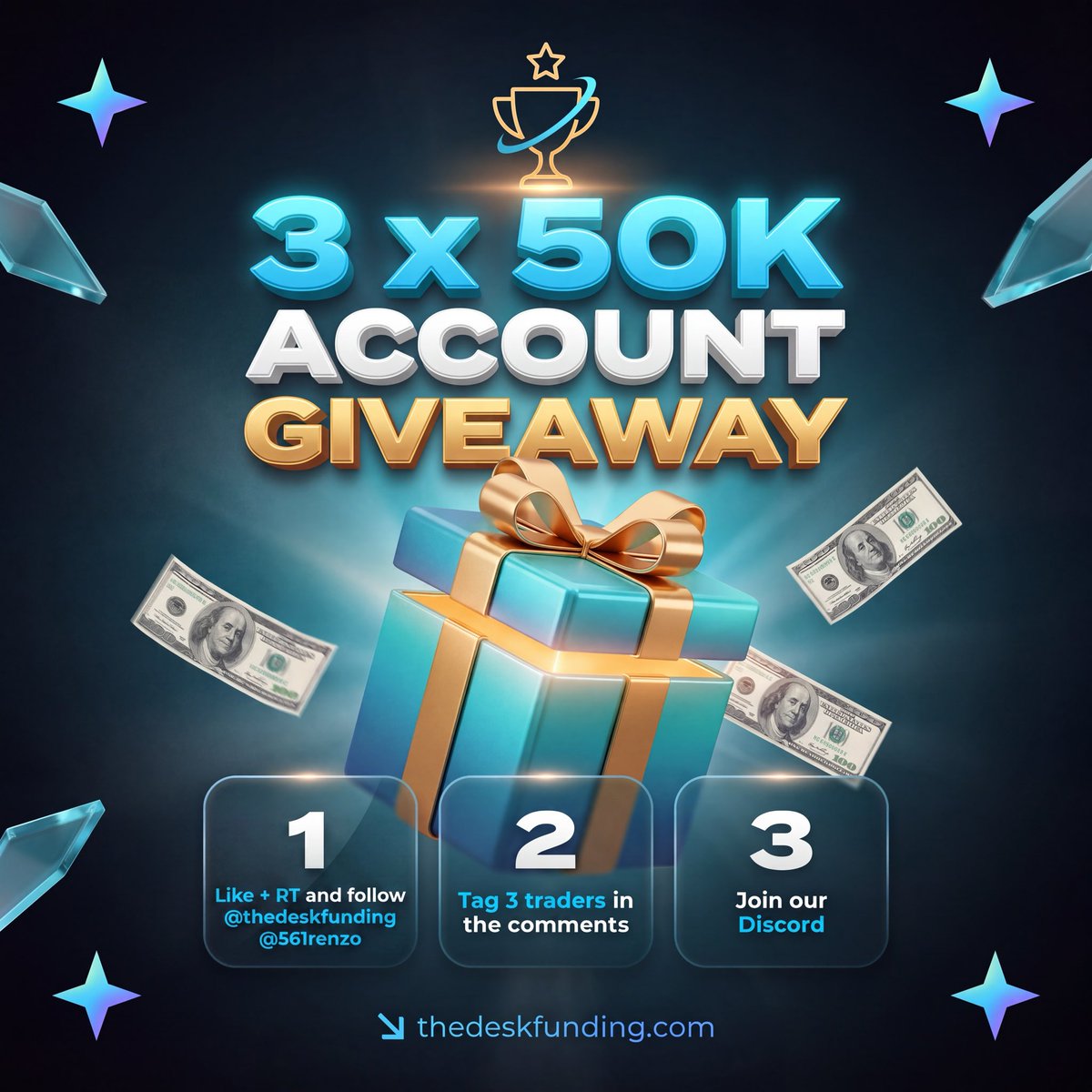 Ajtradinghub's tweet photo. I've officially partnered with @thedeskfunding 🏆

To celebrate we're giving away 3 x 50K funded accounts.

1. Like + RT and follow @thedeskfunding @561renzo + @Ajtradinghub 
2. Tag 3 traders below
3. Join the Discord

No eval. No profit target. Funded instantly.

https://t.co/x32fhTIqGU