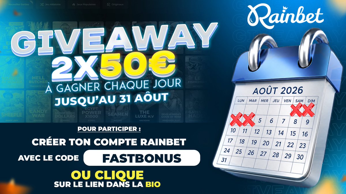 FastBonus_'s tweet photo. 🎁En Août 2x50$ TOUS LES JOURS🎁 

▫️Rt + Follow @FastBonus_ 
▫️Pseudo @rainbetcom  
▫️Crée ton compte Rainbet ( lien en bio ) 

Tirage ce soir a 22h 🍀 https://t.co/NfFIdWT99g