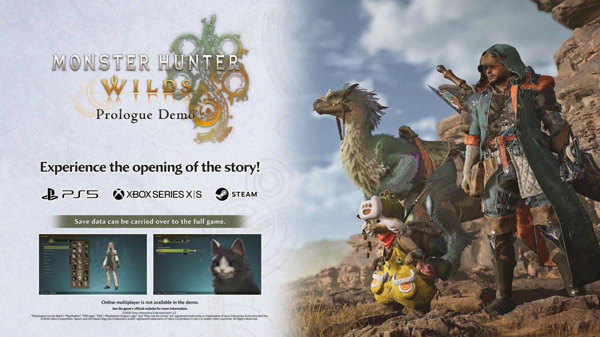 Ninjago9101's tweet photo. Monster Hunter Wilds Prologue Demo is OUT NOW on PC, PS5 & Xbox Series X|S

Play the opening hours with full character creation and all 14 weapon types Save data carries over to the full game.

Features:
• Hunt monsters across the Forbidden Lands
• Dynamic weather & seasons
• 14 weapon types with evolved combat
• Craft weapons & armor from monster materials
• Story-driven adventure with save transfer support