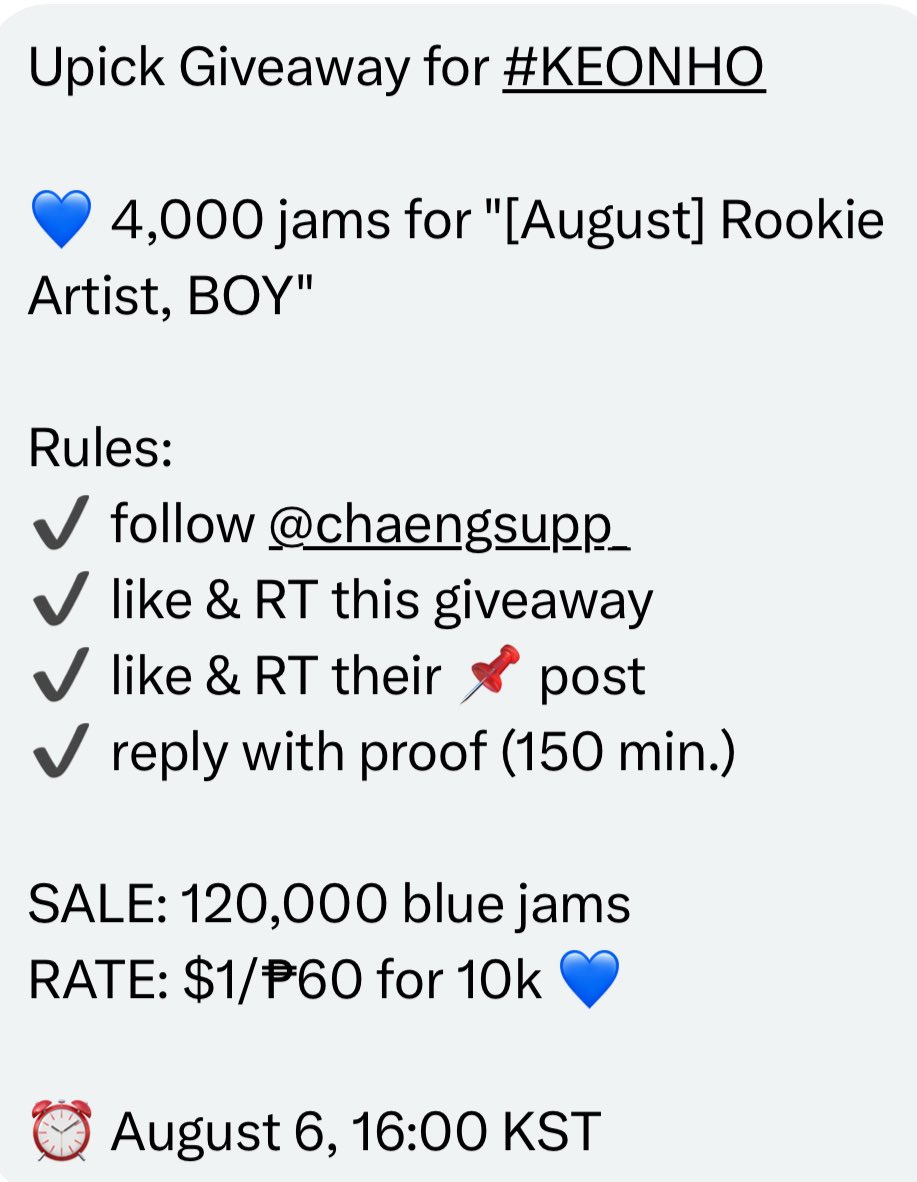 keonhovietnam's tweet photo. Upick Giveaway for #KEONHO

💙 4,000 jams for "[August] Rookie Artist, BOY"

Rules:
✔️ follow @chaengsupp_ 
✔️ like &amp; RT this giveaway
✔️ like &amp; RT their 📌 post
✔️ reply with proof (150 min.)

SALE: 120,000 blue jams
RATE: $1/₱60 for 10k 💙

⏰ August 6, 16:00 KST https://t.co/YHmMI2Bmfk