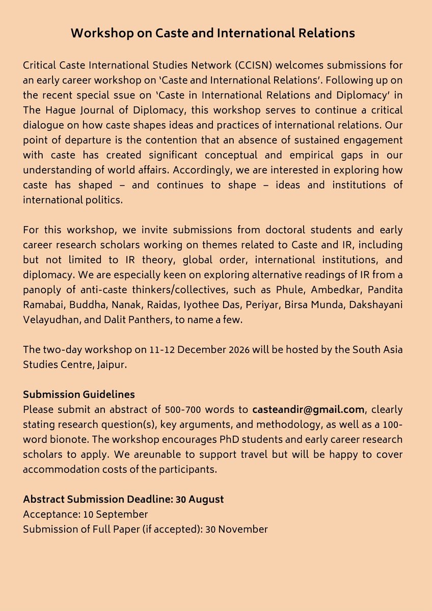 pavanjnu's tweet photo. We are happy to launch the Critical Caste International Studies Network with a workshop on 11-12 December in Jaipur. Our hope is to build a robust community of scholars working on caste and IR. If you are early career and working on relevant themes, submit abstracts by 30 August https://t.co/gVRptgOumy