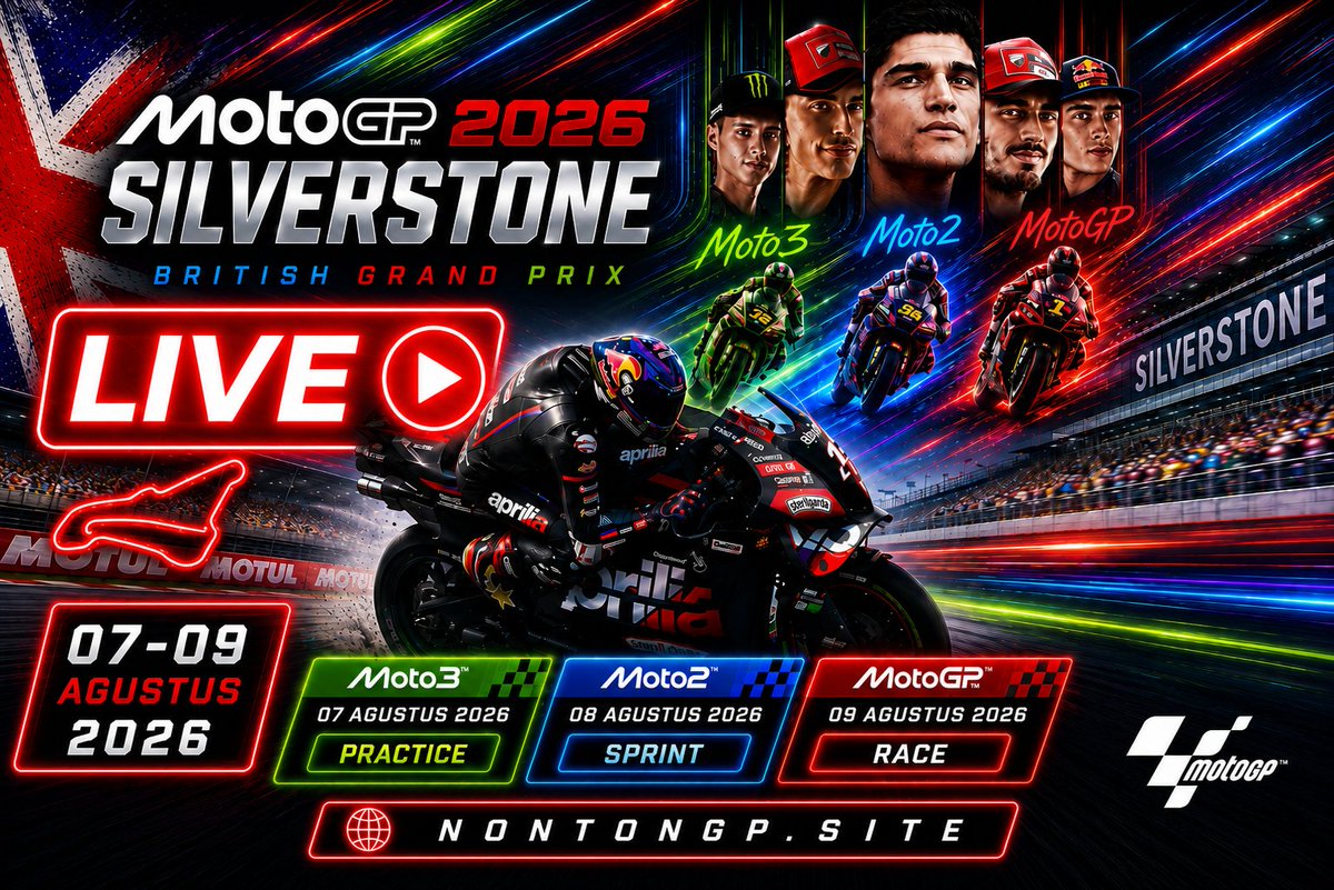 gaeznet's tweet photo. 🔥 MotoGP British Grand Prix 2026 – Silverstone 🔴LIVE
Akhir pekan balap kembali dimulai! Seri ke-12 MotoGP 2026 berlangsung di Sirkuit Silverstone, Inggris, pada 7–9 Agustus 2026. Jadwal utama meliputi Practice (Jumat), Sprint Race (Sabtu), &amp; Race (Minggu). Laga Balap Pekan ini. https://t.co/NxV2c6L5zO