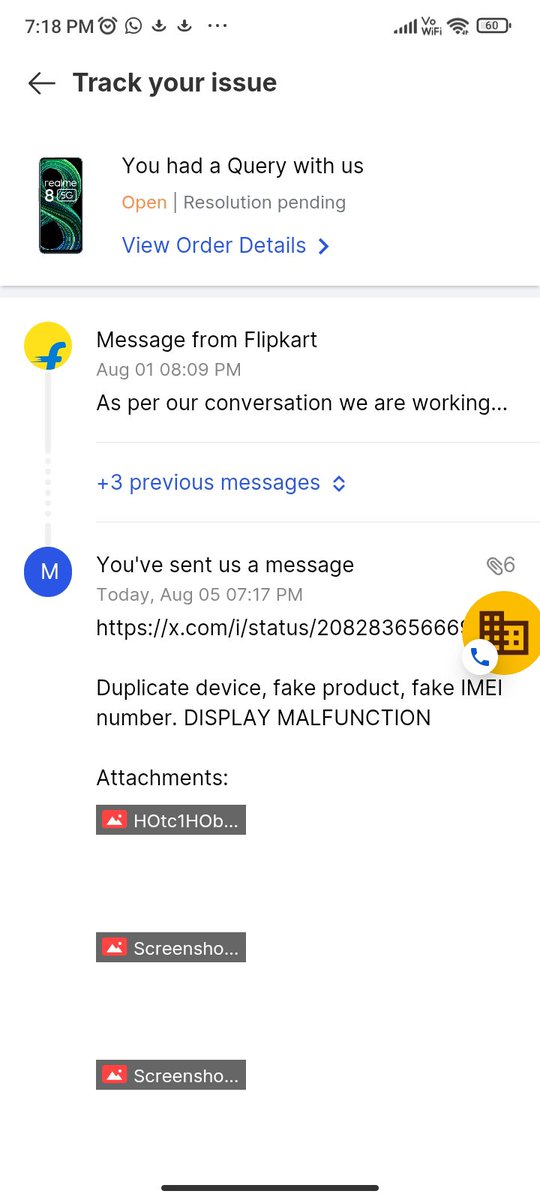 MoumitaDutta555's tweet photo. @realmecareIN @Flipkart @flipkartsupport @jagograhakjago After repeatedly contacting with @Flipkart @flipkartsupport the issue was escalated. They said they said they will resolve the issue by 6th Aug which came as fake as their sold product. They promised  for either replacement or refund by 6th Aug. https://t.co/NfQsWETjUr
