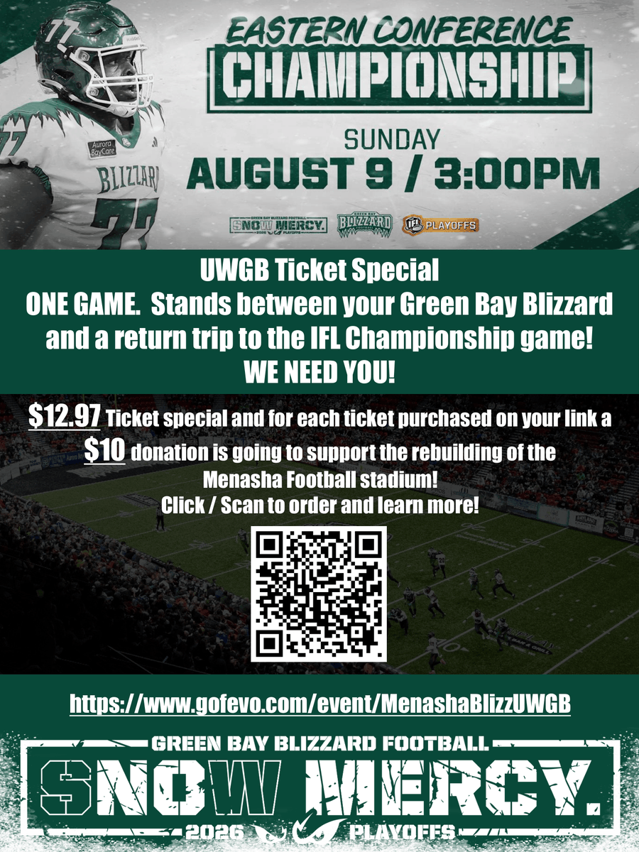 GBPhoenix's tweet photo. It's Conference Championship week for our friends, the @gbblizzard! Use this UWGB ticket special and get to the Resch as the Blizz looks to return to the IFL Championship game 🏆

With purchase, a $10 donation will go to Menasha tornado recovery - https://t.co/x9RfFt46oV https://t.co/JKKPwmbLIF