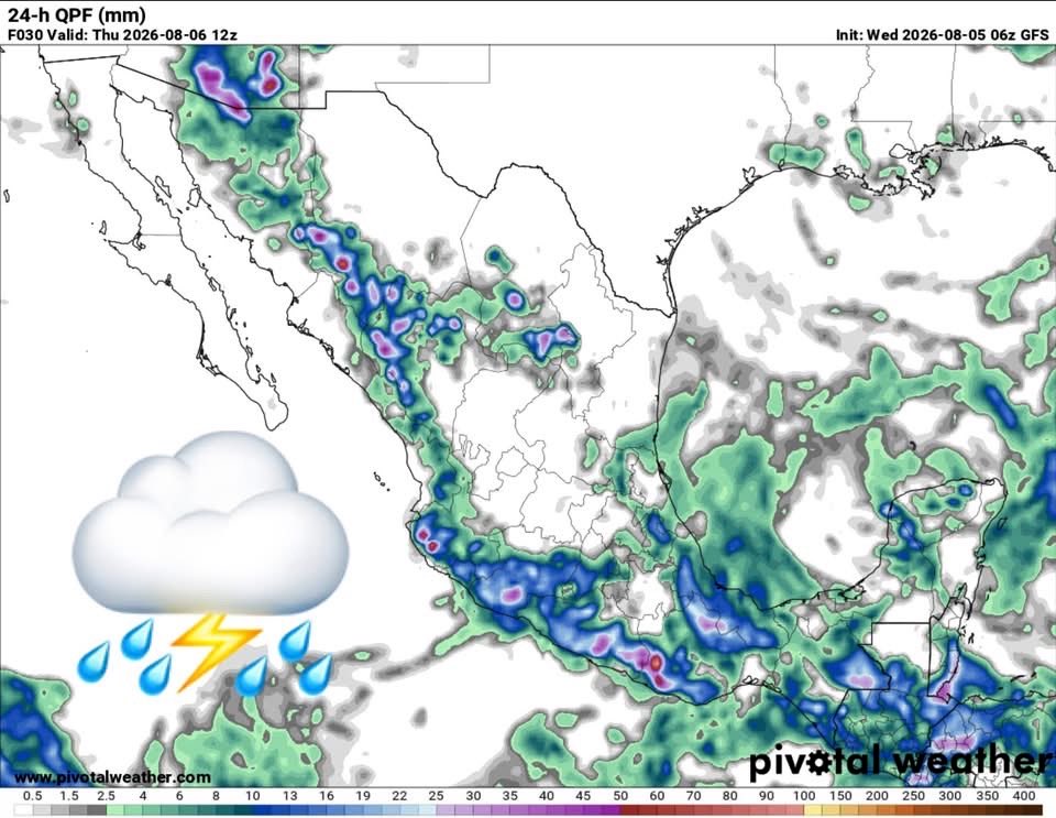 InfoMeteoro's tweet photo. ✅PRONÓSTICO MIÉRCOLES 5/AGO/2026 

“Ligero incremento de precipitaciones localmente fuertes; ambiente caluroso típico de agosto persistirá…

⛈️LLUVIAS Y TORMENTAS C/GRANIZO

🔴EVENTOS MÁS INTENSOS🔴
-Son, Dgo, Jal, Mich, EdoMex, CDMX, Gro, Oax, Ver, Chis, Camp, Yuc

🟡EVENTOS AISLADOS FUERTES
-BC, Chih, Coah, NL, Tamps, Sin, Nay, Zac, SLP, Qro, Hgo, Col, Mor, Pue, Tlax, Tab, QRoo

🌡️AMBIENTE DIURNO☀️
♨️🔥 >45ºC límites de BC-Son
🔥41-45ºC BC, BCS, Son, Sin, Chih, Coah, NL, Tamps, Mich, Gro, Tab, Camp, Yuc
🥵36-40ºC noroeste, norte, noreste, sureste, oriente, Pacífico 
😅30-35ºC Bajío, Occidente
😌20-29ºC Altiplano centro

⚠️🌬️RÁFAGAS DE VIENTO km/h
35-60 estados del norte, centro, sureste, siendo mayores en zonas de tormenta