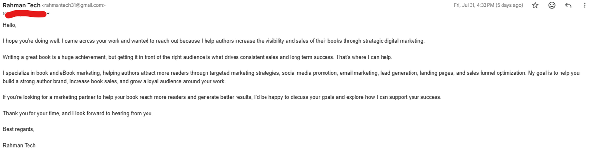Danny_Deisinger's tweet photo. This guy emailed me three times while I was in Slovakia with the exact same email. Note the [firstlast###] email construction, the exceptionally vague details. It's not even very interesting! Come on, Rahman, you can do better than that. #writerscams #writingcommunity https://t.co/2GhJ0srOjq