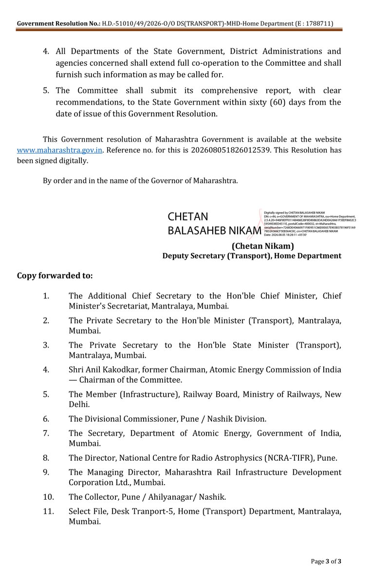 CMOMaharashtra's tweet photo. On the instructions of CM Devendra Fadnavis, an expert Committee has been constituted under the Chairmanship of Shri Anil Kakodkar, former Chairman, Atomic Energy Commission of India, to examine the impact of the alignment of the Pune–Nashik Semi-High-Speed Railway Line on the Giant Metrewave Radio Telescope (GMRT), Khodad, District Pune.

@Dev_Fadnavis 
#DevendraFadnavis #ScienceAndDevelopment