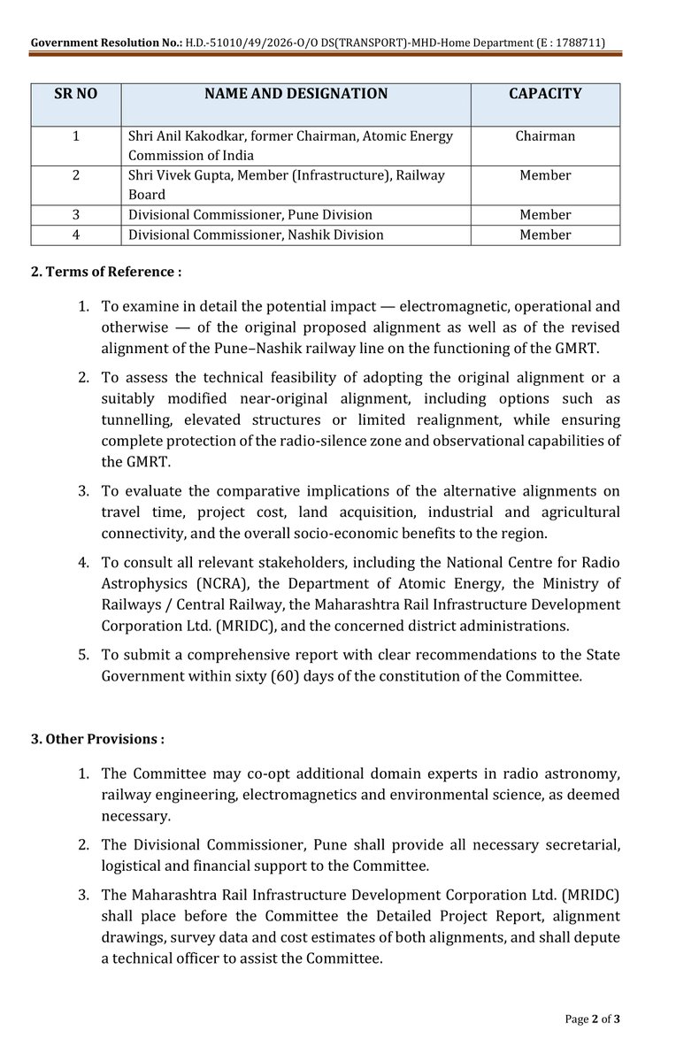 CMOMaharashtra's tweet photo. On the instructions of CM Devendra Fadnavis, an expert Committee has been constituted under the Chairmanship of Shri Anil Kakodkar, former Chairman, Atomic Energy Commission of India, to examine the impact of the alignment of the Pune–Nashik Semi-High-Speed Railway Line on the Giant Metrewave Radio Telescope (GMRT), Khodad, District Pune.

@Dev_Fadnavis 
#DevendraFadnavis #ScienceAndDevelopment