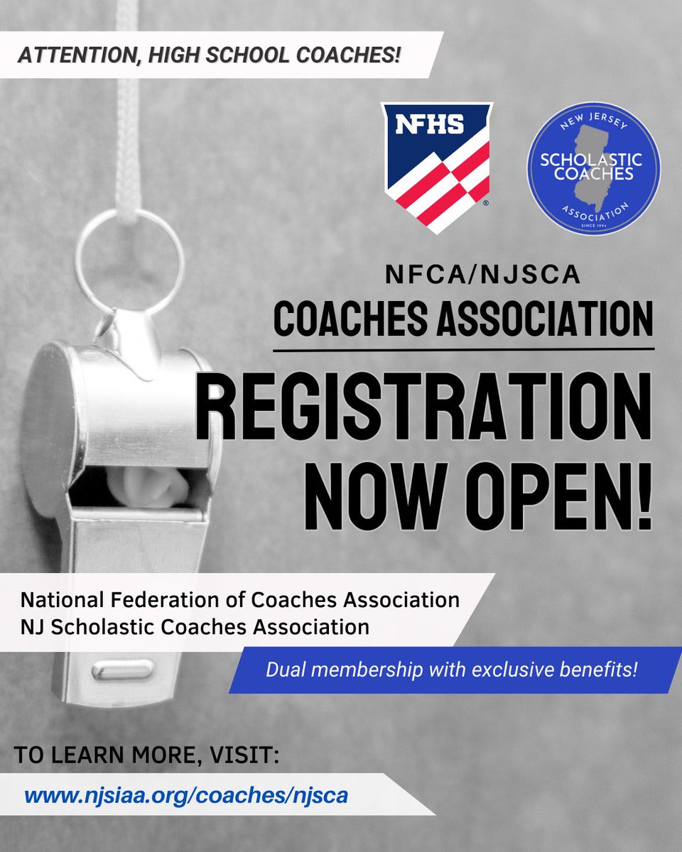 NJSIAA's tweet photo. Attention Fall Sport Coaches: National Federation of Coaches Association/NJ Scholastic Coaches Association Membership enrollment is now open for the 2026-2027 year. Click the link in our bio to learn more! https://t.co/BOSM0fjmBs
