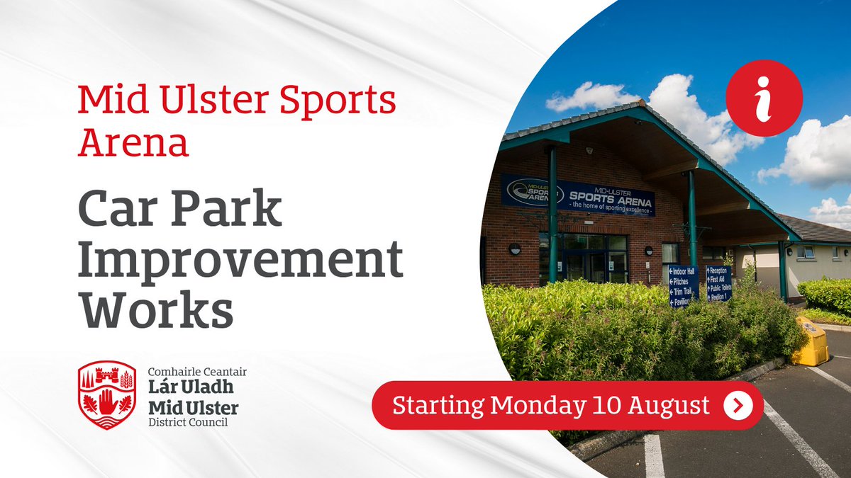 MidUlster_DC's tweet photo. Improvement works at Mid Ulster Sports Arena (MUSA) will commence on Monday 10 August and are expected to take approximately 10 weeks, during which parking availability will be temporarily reduced on a rolling basis.

Please carpool when possible and allow extra time for parking. https://t.co/KrBdikmhS9