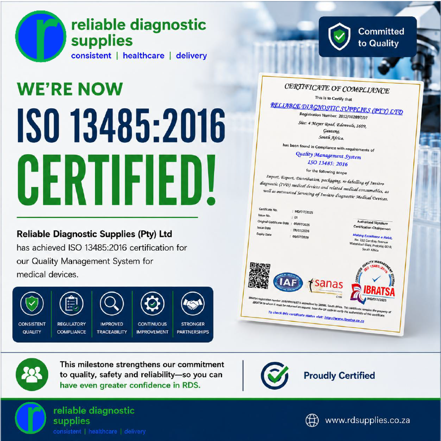 RDSmidrand's tweet photo. We're proud to announce that Reliable Diagnostic Supplies is now ISO 13485:2016 Certified! 🥳🎉

Learn more about our Quality Management System:
 https://t.co/eQ8UTz9N4b

#ISO13485 #Diagnostics #MedicalDevices #ReliableDiagnosticSupplies #RDS #QMS https://t.co/sgo1QaTxoo