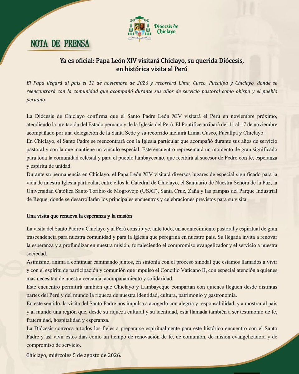 RodrigoCT_94's tweet photo. #AHORA Tras confirmarse oficialmente la llegada del Papa León XIV al Perú, la Diócesis de Chiclayo informa los lugares que serán visitados por el Santo Padre: la Catedral de la ciudad, el Santuario de Nuestra Señora de la Paz, la Universidad Católica Santo Toribio de Mogrovejo, Santa Cruz, Zaña y las Pampas del parque industrial de Reque.