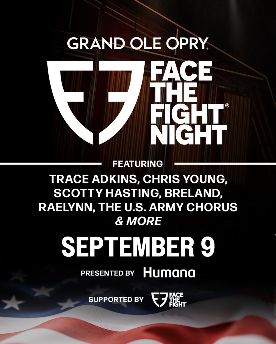 TraceAdkins's tweet photo. Sept 9: join Trace, Chris Young, Scotty Hasting, BRELAND, RaeLynn &amp; more at the @opry for Face The Fight Night (@WeFaceTheFight). Help raise awareness &amp; support for veterans as we Face the Fight in their mission to help end veteran suicide.

Get tickets at https://t.co/0pPyf3ZXWT https://t.co/gUb6rgEPE7