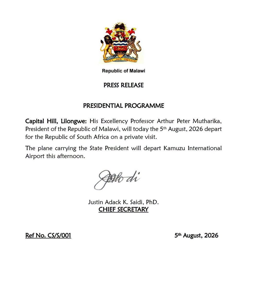 daddyhope's tweet photo. The 87-year-old Malawian President, Arthur Peter Mutharika, has once again left Malawi for South Africa for another medical check-up. 

As usual, the trip has been described as a “private visit.” This is his fourth visit to South Africa since returning to office on 27 October 2025. His previous visits were on 14 November 2025, 26 March 2026, and 12 June 2026. Each of these trips has been described as a “private visit.”

These African leaders should be embarrassed. They preside over countries with collapsing public healthcare systems, yet when they need medical attention, they immediately fly to countries whose health systems actually work. 

Instead of investing in hospitals, equipment, medicines, and healthcare workers in their own countries, they rely on the very systems they have failed to build at home.

The tragedy is that ordinary Malawians cannot board a presidential jet to seek treatment abroad. They are left to endure hospitals that often lack even the most basic necessities. In some health facilities, there isn’t even a reliable supply of water.

A country’s healthcare system should serve every citizen, not just one man and his family. Until African leaders have the confidence to use the hospitals they oversee, it is difficult to convince citizens that those healthcare systems are fit for purpose.

Today’s trip is Arthur Peter Mutharika’s fourth visit to South Africa for a health check up since returning to office in October 2025. 
His first visit was on 14 November 2025, followed by a second on 26 March 2026, a third on 12 June 2026, and now a fourth on 5 August 2026. Each of these trips has been described as a “private visit.”