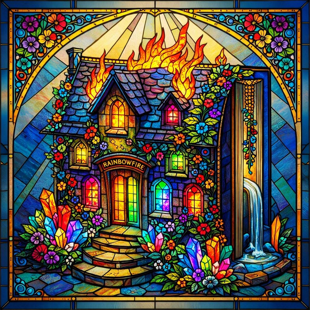 picarsic112414's tweet photo. After I finished writing Rainbowfire, I realized how much of the book had been shaped by the quiet space around my glass door. That door watched me through every chapter — early mornings, late nights, moments of doubt, and bursts of inspiration. It became part of the story’s birth.

I wanted to honor that place.

So I decided to create a stained‑glass window for the door — not just as decoration, but as a way to let the world of Rainbowfire live where it was written.

In the glass, I imagined a house glowing from within, its windows lit like embers. Above the door, I placed the word RAINBOWFIRE, as if the story itself were stepping forward to greet anyone who entered. Flames rose from the roof, not in destruction, but in the same creative fire that kept me writing.

On the right side, I added a waterfall flowing from an open book — the balance of fire and water that runs through the heart of the story, and through me as I wrote it.

Around the house, I set flowers and crystals in impossible colors. They represent the small joys that carried me: Buddy’s mischief, Cosmo’s calm presence, Mary’s humor, my daughters’ voices, my wife’s steady encouragement. Every petal and shard holds a memory.

When the stained glass was finally set into the door, the morning sun lit it up in reds, golds, greens, blues, and silver. My writing space transformed. It felt like Rainbowfire had come home.

Now, whenever I walk past that door, I don’t just see a piece of art. I see the place where I wrote Rainbowfire — and the world that rose up to meet it.