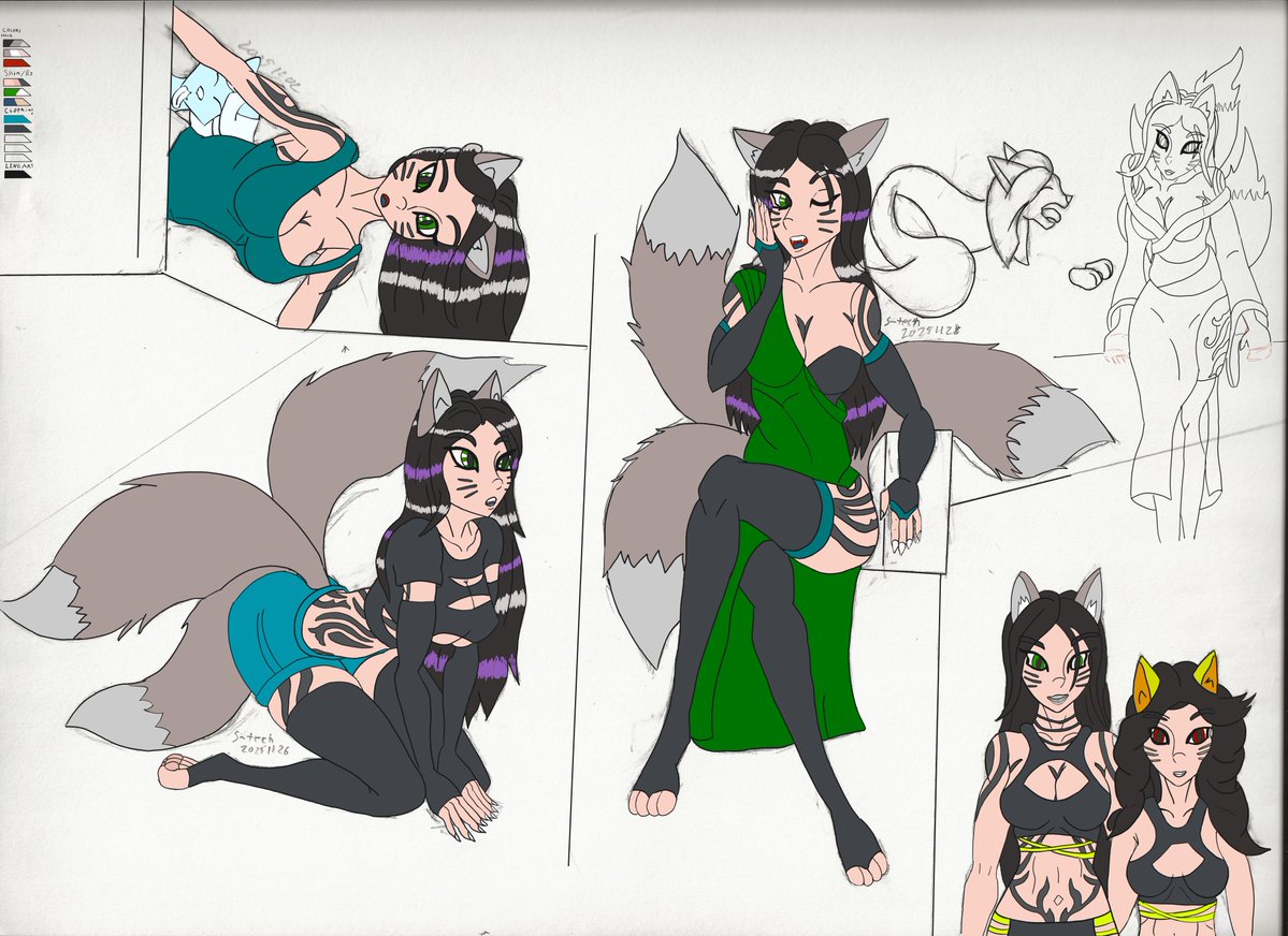 S_Tech_Art's tweet photo. Shiina (or Sheana if you westerize her name) is one of the most thought out and researched of my characters. Shes been with me in my mind since I was 13? 14? Originally very ninja coded, (last art, its oooold) she is now a proud and refined Kitsune who gave Royal offspring to an Emperor, learned from Samurai masters, learned from her skilled Kitsune Parents and has never stopped learning and growing.   

One large change between her old set up and now is her primary weapon. She use to use bladed Tonfa as primary weapons, now she has Fable Breaker. A blade that is hybrid to her learnings and styles. A Lang Messer blade and Handle (love Katana. Screw drawing the Tsuka repeatedly) of carbon spring steel,  she has a custom Tsuba with Quillons so she has the best of both worlds

 Her Scabbard is made like a Saya with reinforcement langets on it to she can rotate, move and position it and also draw it for active blocking and striking,  this allows her to switch between eastern and western styles on the fly. 

The thinning at the bottom of the grip is so she can hold the blade between the fingers of her right hand like a Mameluke saber as she draws a war bow with her thumb and index finger.

She has learned several styles all around the world in her long history, fighting and training and she has kept what she liked and discarded what she didn't. 

It all has a purpose for her.