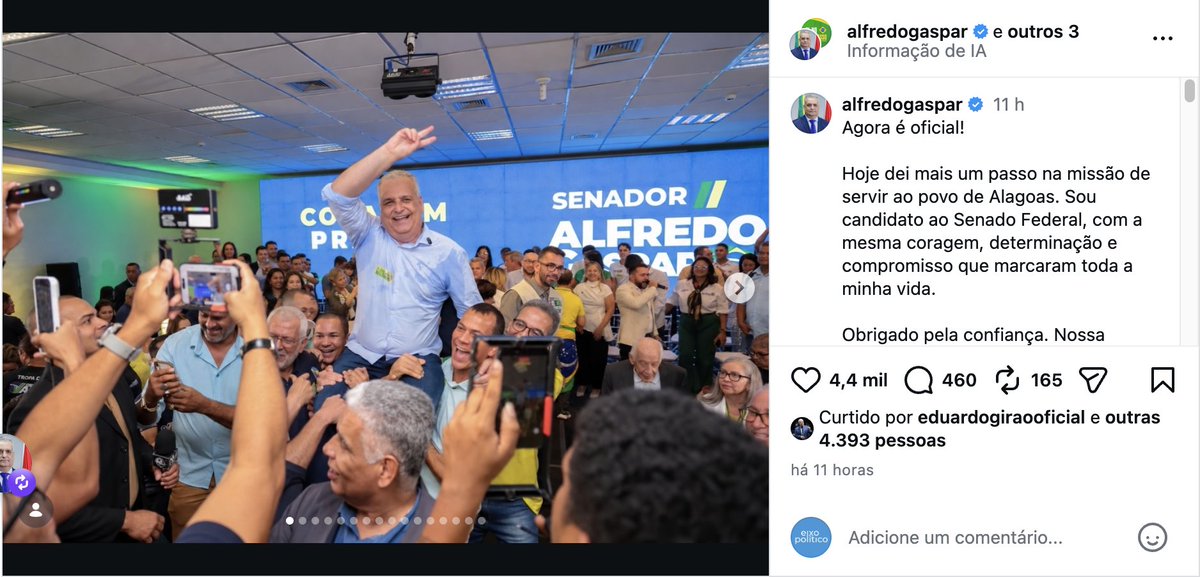 eixopolitico's tweet photo. 🇧🇷 Alfredo Gaspar (PL) foi oficializado ontem como o candidato do PL ao Senado em Alagoas. Ele liderava as pesquisas no estado e a segunda vaga aparecia em disputa entre Arthur Lira (PP) e Renan Calheiros (MDB).

Sua saída resolve um problema no estado e abre espaço para as duas figuras terem chances reais de serem eleitas em outubro.
