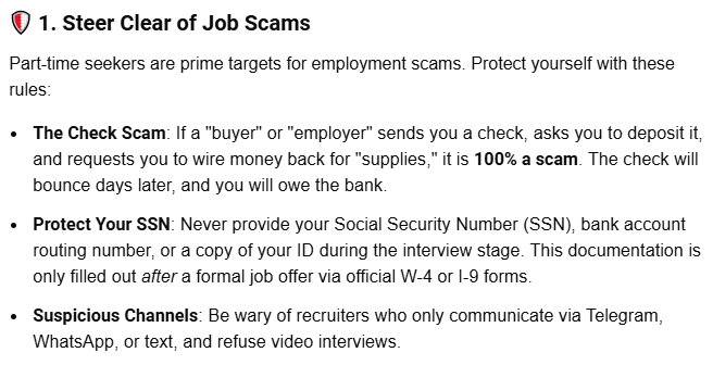 Chloe_AAA1's tweet photo. When searching for a part-time job in the U.S., you should focus on these four critical areas:
1. Steer Clear of Job Scams
2. Understand W-2 vs. 1099 Taxes
3. Know Your Labor Rights &amp; Wage Laws
4. Avoid "Under-the-Table" Cash Gigs https://t.co/zHgo98beEE