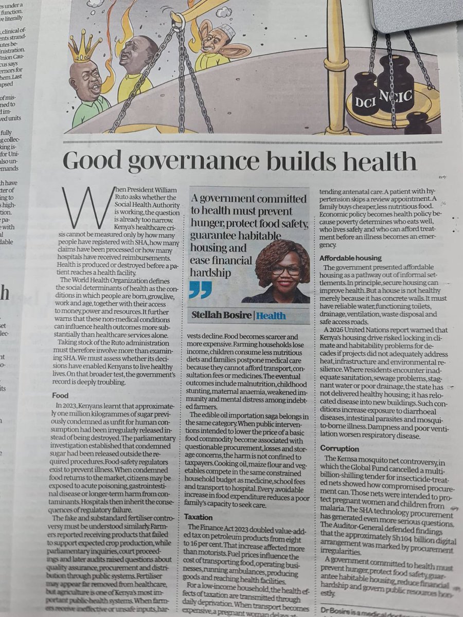 Lasterbosire's tweet photo. Healthcare only works on paper..

How can Kenyans be healthy when good governance is absent?

Good governance is the sum of food security, dignified housing, sound fiscal policies, quality education, environmental protection, and the eradication of corruption.

SHA alone cannot deliver health. 

Health is built through governance that protects people’s lives long before they enter a hospital.