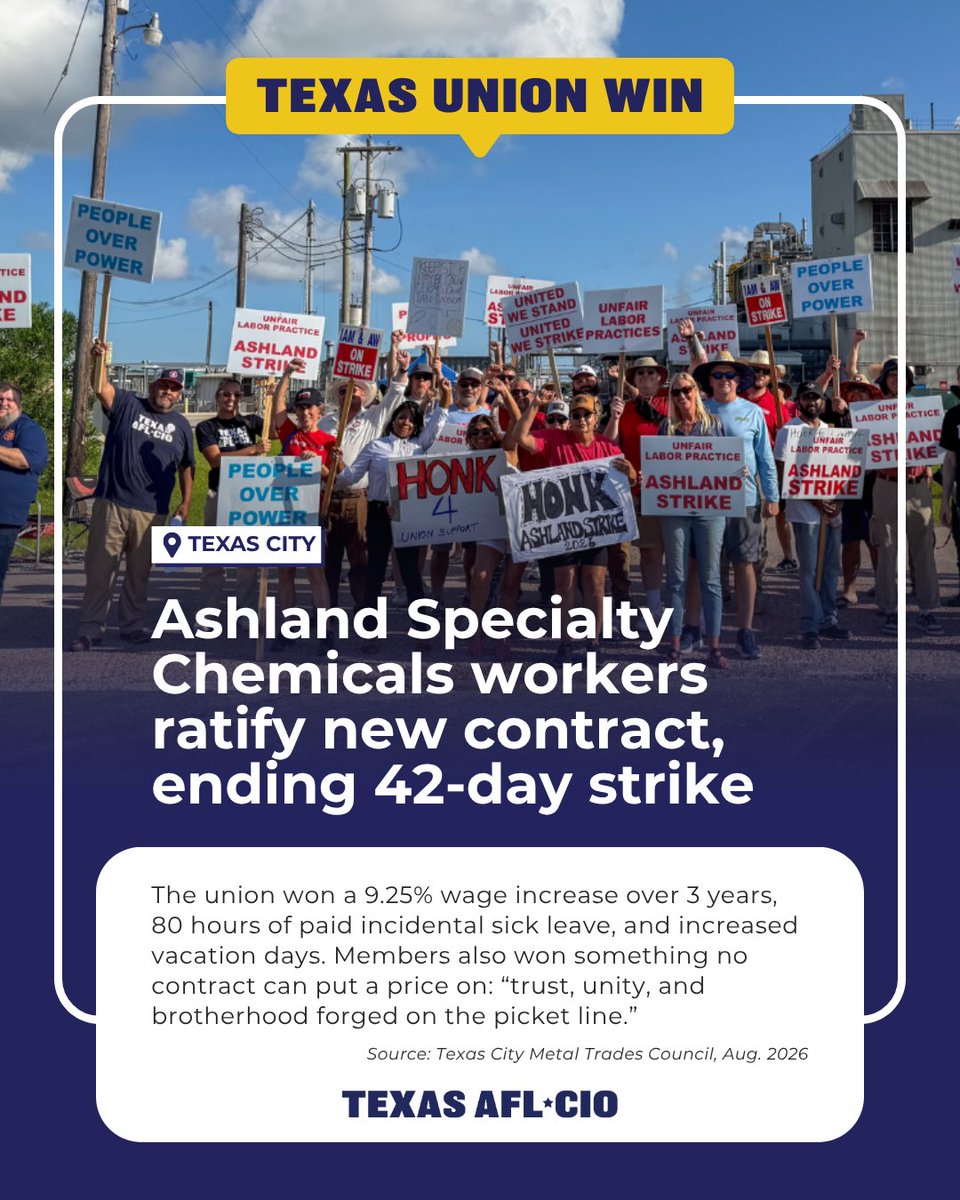 TexasAFLCIO's tweet photo. ✊ TEXAS UNION WIN: Workers at Ashland Specialty Chemicals ratified a new contract!

While they didn't win every fight at that table — members won something no contract can put a price on: trust, unity, and a brotherhood forged on that picket line.

That’s the union difference. https://t.co/9KQIXFkpso