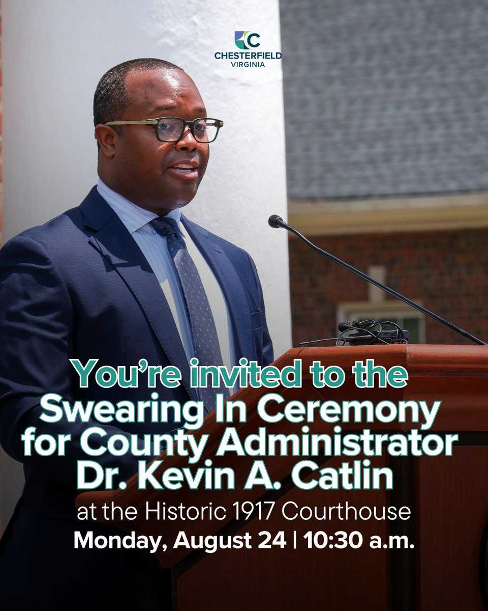 ChesterfieldVa's tweet photo. You are invited to attend the ceremonial swearing in of Chesterfield County's new County Administrator, Dr. Kevin A. Catlin, on Monday, Aug. 24, at 10:30 a.m. at the Historic 1917 Courthouse. Residents can watch live on Facebook, or YouTube. Learn more: https://t.co/qFayDCQuw7 https://t.co/MnUbq3kPzq