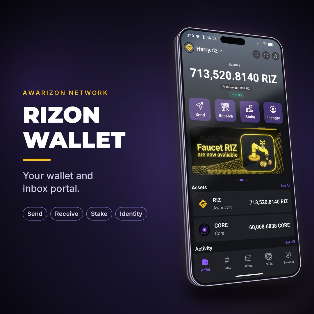 awarizon's tweet photo. Join Public #Testnet 

RIZON Wallet isn't just a wallet. It's your #1 portal into the Awarizon inbox system. 🟡

25 days. That's all it's been since public #Testnet went live — and we're already shipping the distribution layer. Not theory. Tested. 600+ wallets have already received applications delivered straight to their inbox.

Now imagine that at hundreds of thousands of wallets.

Awarizon isn't just a Layer 1 built for speed. It's the first blockchain with a native distribution layer — connecting developers directly to users, permissionlessly. Apps find you. No app store. No gatekeeper.

The portal is open. 👇
https://t.co/RlnIulvJlT