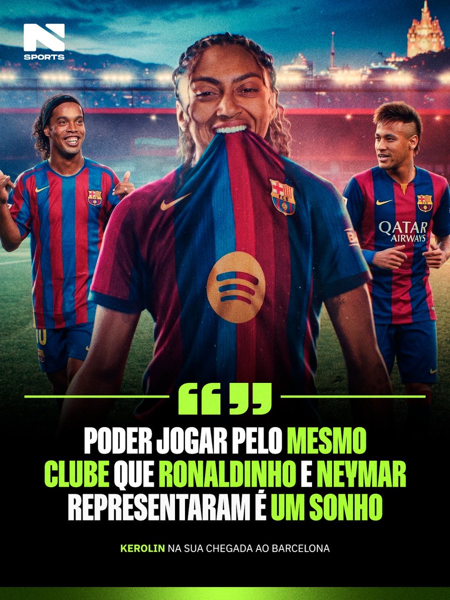 nsports's tweet photo. NA MESMA PRATELEIRA DOS ÍDOLOS! 🤩
Ao assinar o contrato com o Barcelona, Kerolin declara que está muito feliz de poder realizar um sonho no mesmo clube onde jogaram Ronaldinho Gaúcho e Neymar, seus ídolos da infância.
📸: Reprodução/@fcbfemeni
#NSportsAquiOJogoÉDelas #Kerolin #Barcelona #Neymar #RonaldinhoGaúcho