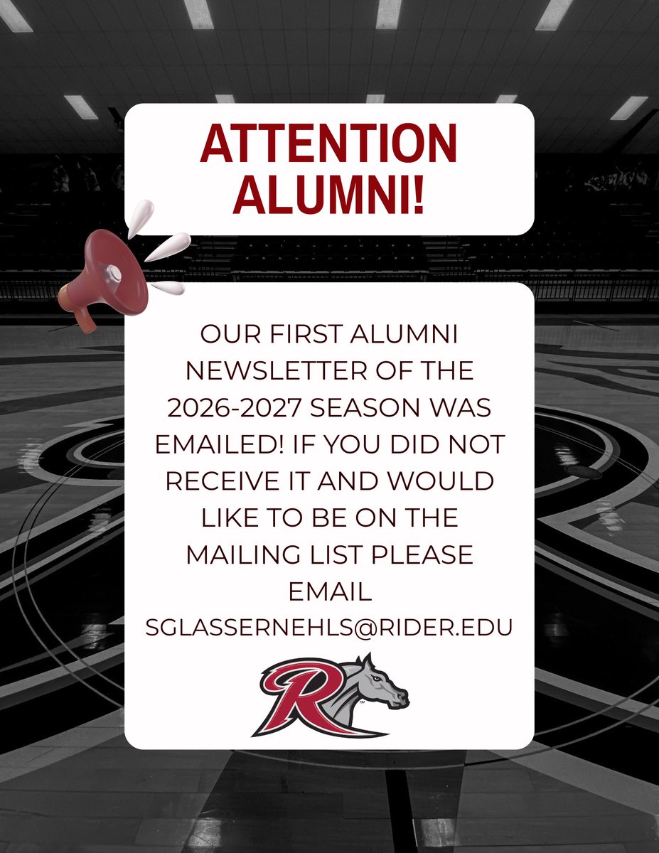 RiderWBB's tweet photo. CALLING ALL ALUMNI🚨🚨🚨. We are excited to share our first newsletter of the 2026-2027 season! If you did not receive it and would like to be on the mailing list please email sglassernehls@rider.edu.

#GoBroncs https://t.co/gwje5FdWZP