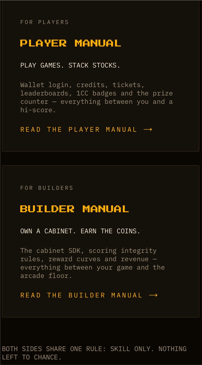 Insrtgg's tweet photo. Make sure to check out the Operator Manual Docs.

insrt is the on-chain arcade where high scores earn tickets redeemable for stock tokens on Robinhood Chain. Two manuals, one machine — pick your side of the glass.

$INSRT - coming soon. https://t.co/slJ3KGzHf5