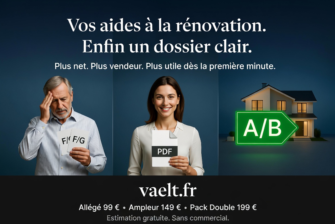 SebBidouille's tweet photo. Vos aides à la rénovation. Enfin un dossier clair.

On a tout revu sur Vaelt.
Plus net. Plus vendeur. Plus utile dès la première minute.

Passoire F ou G ?
Travaux d’ampleur ?
Bailleur, SCI, multipropriétaire qui veut voir le max d’aides sans y passer des week-ends ?

Vaelt croise vos infos (DPE, surface, revenus, occupation, région) et vous livre un vrai dossier :
multi-aides, parcours chiffrés, plan d’action, mails prêts, PDF formel.

Trois offres. Même logique pour tout le monde :
• Allégé 99 € → reste à charge maîtrisé
• Ampleur 149 € → maximum d’aides
• Pack Double 199 € → les deux dès le jour 1

L’Ampleur ne passe pas ? Ajoutez l’Allégé pour 49 €.

Voyez le rendu avant de payer :
https://t.co/EWVnShVHAA

Puis choisissez votre offre :
https://t.co/mIYgqCruu4

Estimation gratuite. Sans commercial.
Vous venez pour un chiffre. Vous repartez avec un dossier.

Allez sur le site. Cliquez. Estimez. Avancez.