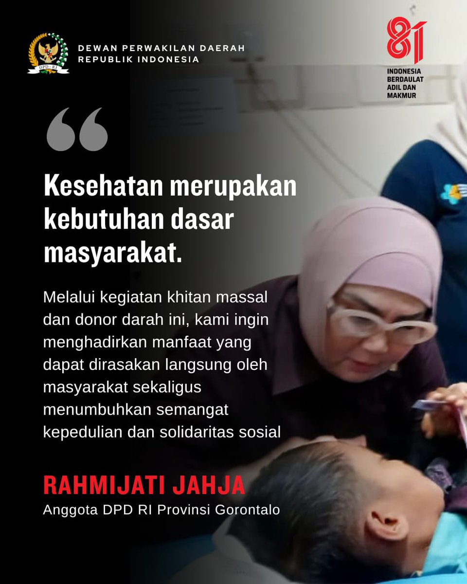 DPDRI's tweet photo. Anggota DPD RI asal Gorontalo Rahmijati Jahja dalam reses bersama IDI gelar khitanan massal dan donor darah. 

#dpdri #daridaerahuntukindonesia https://t.co/QaGQvYx3oK