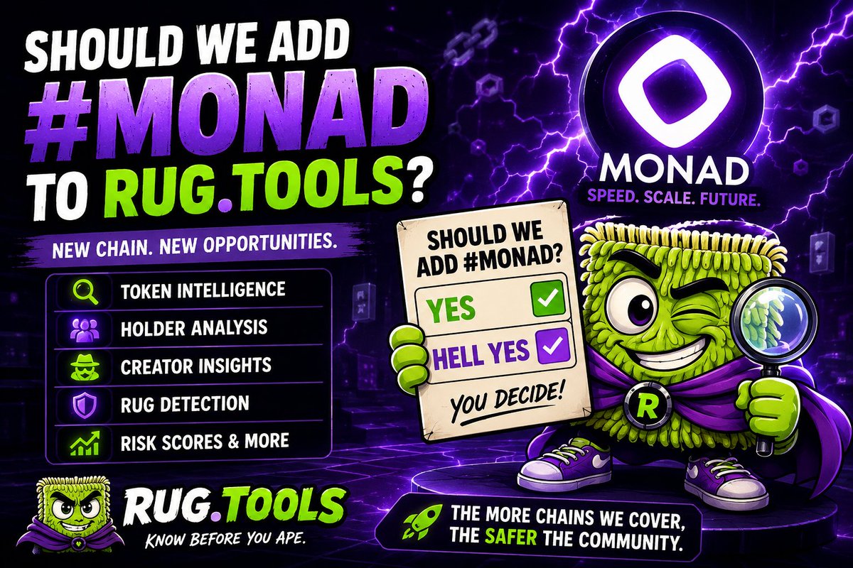 Rug_tools's tweet photo. Should #Monad be the next chain added to https://t.co/QVO7Zd2el0? 👀

We're considering bringing full token intelligence, holder analysis, creator insights, and rug detection to the Monad ecosystem.

Would you use it on day one? 🚀

👇 Let us know what features you want most.
#RugTools #Crypto #Web3 @monad