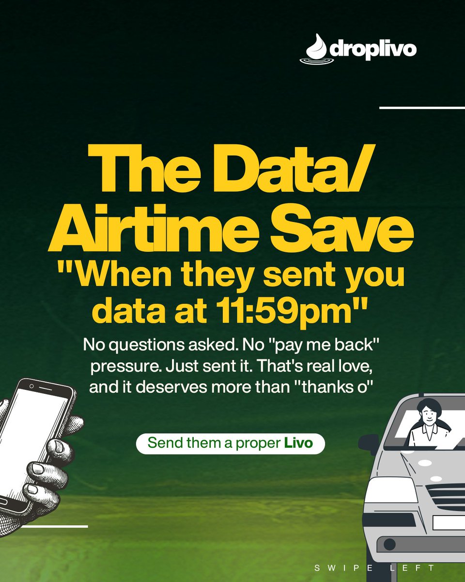 DropLivo's tweet photo. Be honest...

Which one in this carousel called you out? 👀

The data?
The ride home?
The "You good?" text?
The group project hero?

Someone deserves a proper thank you.
💚 https://t.co/lQWcVBhDPx

#DropLivo #Appreciation #SendALivo #EFCC #Sentence 
:
:

Thread https://t.co/4So6uGRMk6